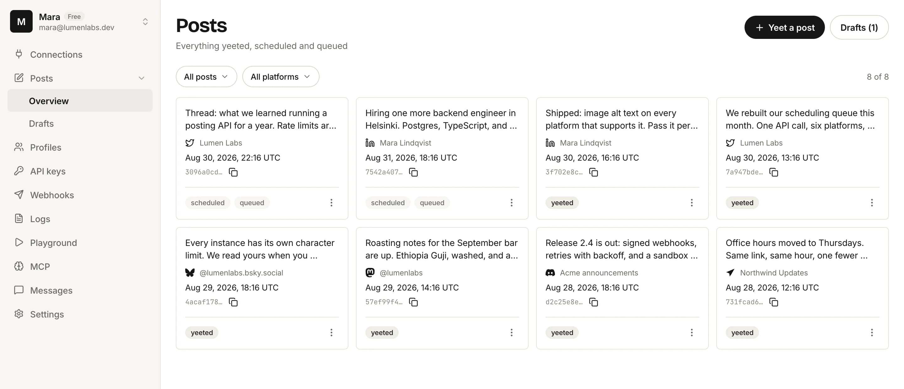 The yeetpost console showing eight posts across LinkedIn, X, Bluesky, Discord, Telegram and Mastodon, two of them scheduled and queued and the rest yeeted.